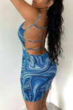 Blue Sexy Print Backless Spaghetti Strap Pencil Skirt Dresses