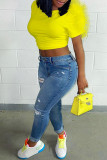 Yellow Fashion Casual Solid Patchwork O Neck T-Shirts