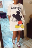 White Fashion Casual Print Basic O Neck Short Sleeve Dress