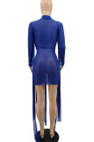 Blue Sexy Solid Bandage Patchwork See-through O Neck Pencil Skirt Dresses