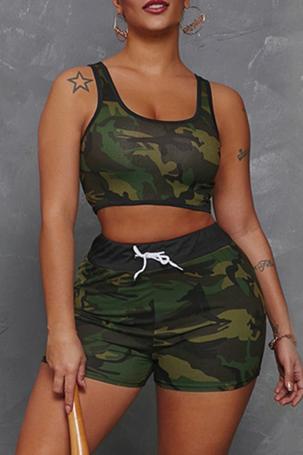 Army Green Fashion Casual Camouflage Print Vests U Neck Sleeveless Two Pieces