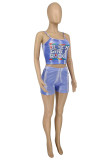 Pink Fashion Sexy Letter Print Ripped Spaghetti Strap Sleeveless Two Pieces