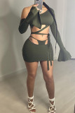 Green Fashion Sexy Solid Bandage Hollowed Out Oblique Collar Long Sleeve Two Pieces