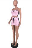 Light Purple Sexy Casual Print Patchwork Backless Spaghetti Strap Sleeveless Two Pieces