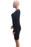 Black Fashion Casual Patchwork Hollowed Out See-through O Neck Long Sleeve Dresses