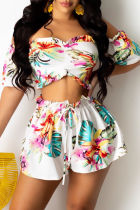 White Sexy Print Split Joint Off the Shoulder Short Sleeve Two Pieces
