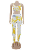 Yellow Fashion Casual Print Vests Pants U Neck Sleeveless Two Pieces