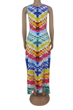 Blue Sexy Print Patchwork O Neck Irregular Dress Dresses