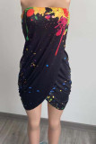Blue Fashion Sexy Print Backless Strapless Irregular Dress