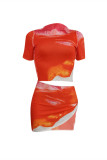 Red Fashion Sexy Print Asymmetrical O Neck Short Sleeve Two Pieces
