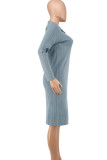 Pink Fashion Casual Solid Slit Turndown Collar Long Sleeve Dresses
