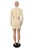 Apricot Fashion Casual Solid Hollowed Out V Neck Long Sleeve Dresses