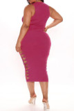 Pink Fashion Casual Plus Size Solid Hollowed Out O Neck Vest Dress