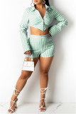 Green Fashion Casual Striped Print Patchwork Turndown Collar Long Sleeve Two Pieces