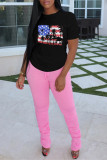 Black Fashion Casual Print Basic O Neck T-Shirts