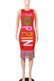 Red Sexy Print Tassel Patchwork O Neck One-piece Suits Dresses