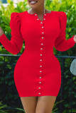 Red Fashion Casual Solid Patchwork V Neck Long Sleeve Dresses