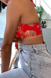 Red Fashion Sexy Print Bandage Backless Halter Tops