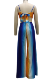 Turquoise Sexy Striped Patchwork Spaghetti Strap Sleeveless Two Pieces