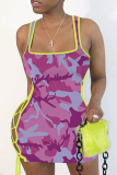Pink Sexy Camouflage Print Patchwork Spaghetti Strap Pencil Skirt Dresses