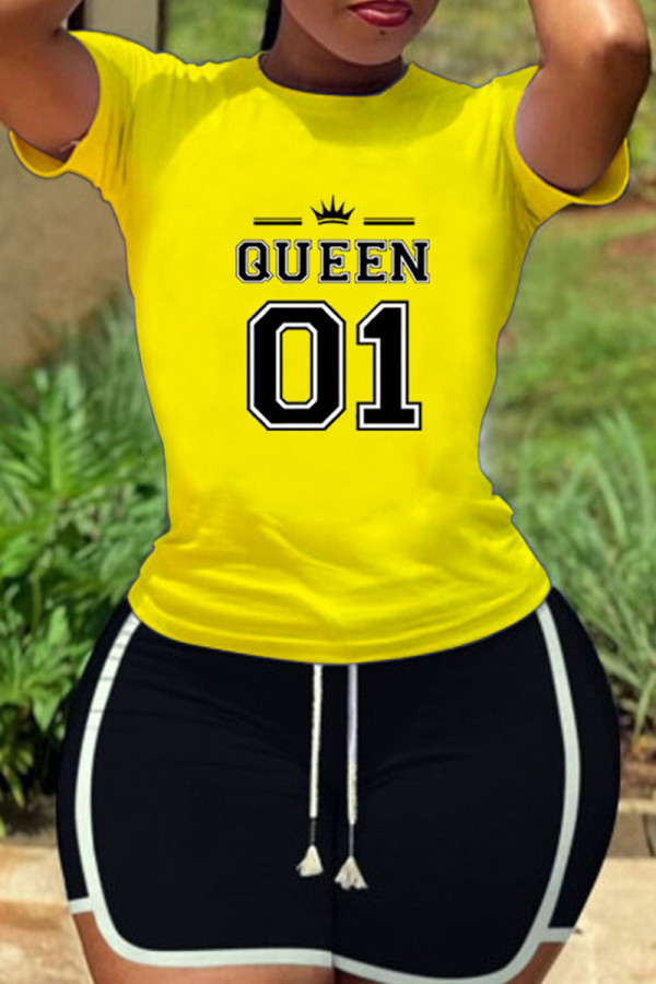 Yellow Casual Print Patchwork O Neck Short Sleeve Two Pieces