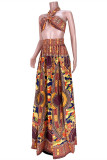 Yellow Fashion Sexy Print Backless Halter Sleeveless Two Pieces
