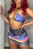 Blue Fashion Sexy Print Backless Halter Sleeveless Two Pieces