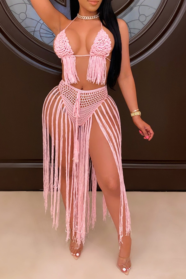 Pink Sexy Solid Hollowed Out Patchwork Swimwears