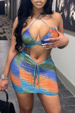 Colour Fashion Sexy Print Hollowed Out Backless Halter Sleeveless Three-piece Set Swimwear