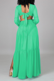 Green Casual Solid Patchwork V Neck Irregular Dress Dresses
