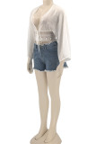 White Casual Solid Bandage Hollowed Out Patchwork V Neck Tops