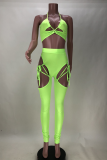 Fluorescent Green Sexy Solid Hollowed Out Halter Sleeveless Two Pieces