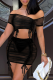 Black Sexy Solid Mesh Off the Shoulder Short Sleeve Two Pieces