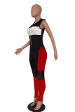Black Red Casual Sportswear Patchwork Hooded Collar Sleeveless Skinny Jumpsuits