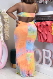 Colour Sexy Patchwork Hollowed Out Tie-dye Spaghetti Strap Pencil Skirt Dresses
