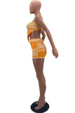 Yellow Sexy Print Patchwork Backless Spaghetti Strap Sleeveless Two Pieces