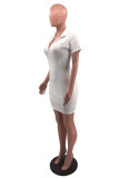 White Sexy Casual Solid Zipper Collar Short Sleeve Dress