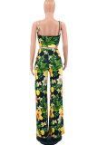 Green Sexy Print Patchwork Spaghetti Strap Sleeveless Two Pieces