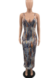 Grey Sexy Print Patchwork Spaghetti Strap Pencil Skirt Dresses