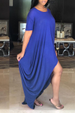 Blue Casual Solid Patchwork O Neck Irregular Dress Dresses