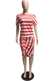 Black Casual Striped Split Joint One Shoulder Short Sleeve Two Pieces