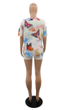 White Casual Print Patchwork O Neck T-Shirts