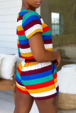Colour Casual Striped Patchwork O Neck Short Sleeve Two Pieces