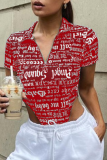 Red Casual Print Patchwork Turndown Collar Tops