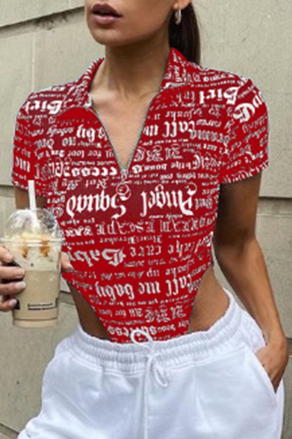 Red Casual Print Patchwork Turndown Collar Tops