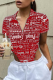Red Casual Print Patchwork Turndown Collar Tops