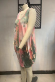 Pink Fashion Sexy Plus Size Print Tie Dye Asymmetrical O Neck Vest Dress