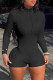 Black Fashion Casual Solid Basic Zipper Collar Long Sleeve Skinny Romper