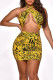 Gold Sexy Print Bandage Hollowed Out Patchwork Halter Pencil Skirt Dresses