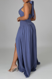 Blue Sexy Solid Mesh Halter Sleeveless Two Pieces
